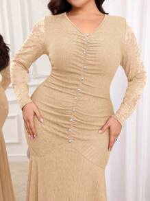 Modelyn Plus Size Women V-Neck Contrast Lace Ruched Fishtail Hem Elegant Dress Long Evening Dresses