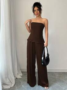 INAWLY 2 件套女士纯色抹胸上衣和休闲裤 - 棕色 - 查看 5