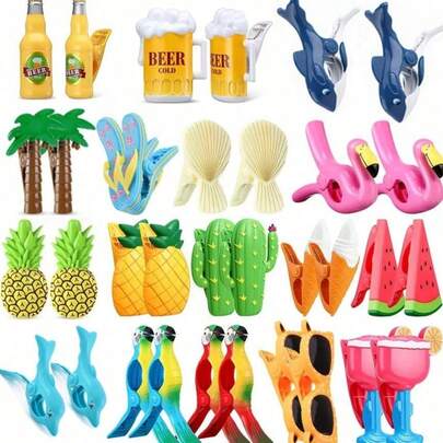 SHEIN 2pcs Beach Towel Clip Summer Portable Chair Holder Large Plastic Clothes Clip Parrot Watermelon Flamingo Ice Cream Pineapple Cactus Coconut Tree Style Clothesline, Graduation Season, Back To School Season Towel Clip