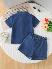 2 Stück/Set Mädchen Lässig Chic College Stil Blau Gewaschen Denim Baumwolle Kurzarm Top und Shorts Set - Blau - Übersicht 2