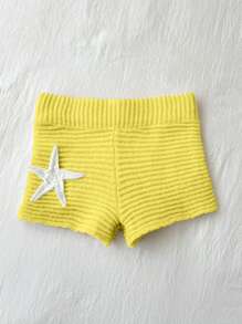 Elamini Hand Crocheted Starfish Pattern Yellow Knitted Shorts - Yellow - View 6