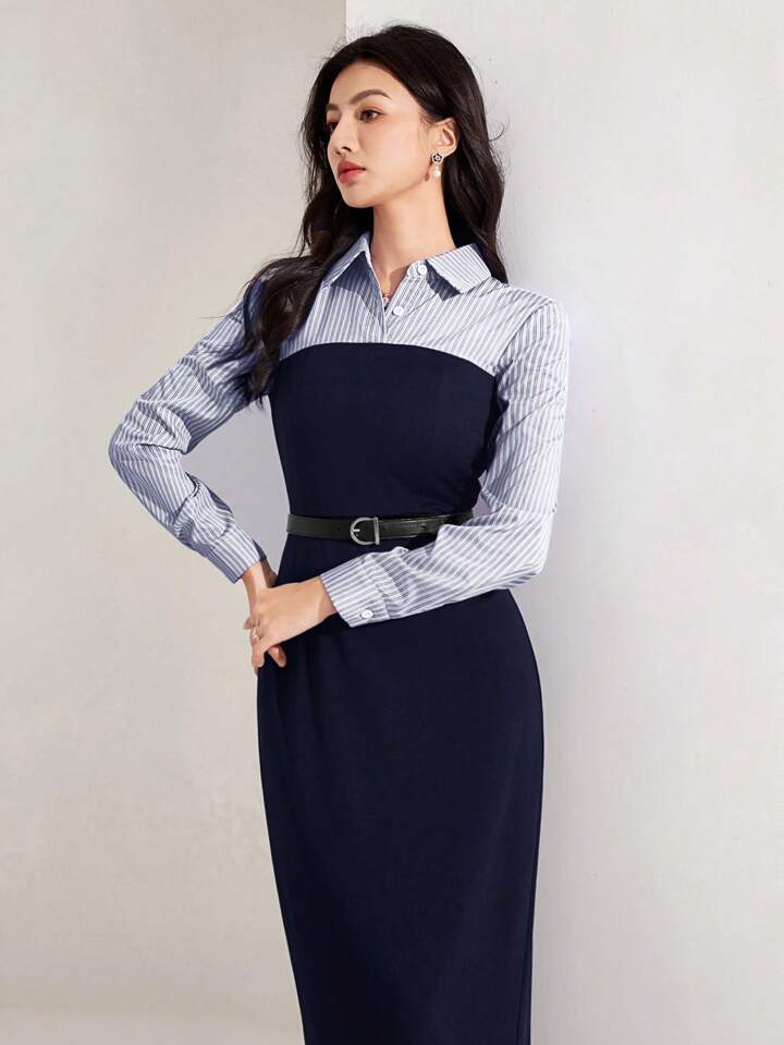 Heiryn 女性のストライプパッチワークロング袖シャツカラー