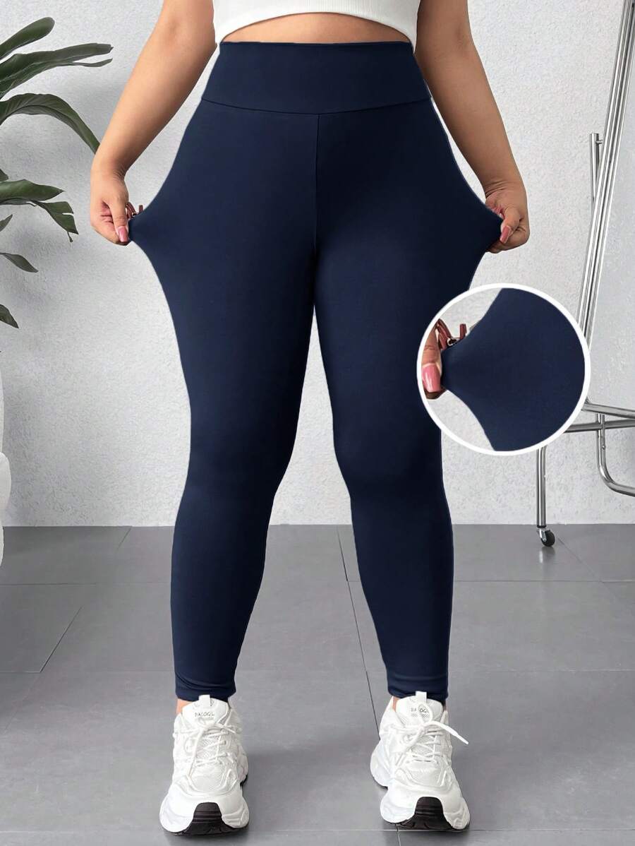SHEIN EZwear 大码女式纯色高腰休闲百搭紧身裤 - 藏蓝色 - 查看 1