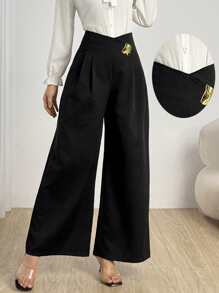 Modelyn Women's Solid Color Metal Buckle Decor Loose Pleated Casual Trousers,Women's Fashion Casual Summer Birthday Women's Clothing Prom Dress Wedding Guest Dress Curve Summer Skirt Concert Clothing Wedding Clothing, Soft Fabric Women's Trousers, Black V-Shaped Waistband Metal Accessories Decoration Matching Fashion And Elegance, Back Zipper Design, Waist Straight Women's Trousers