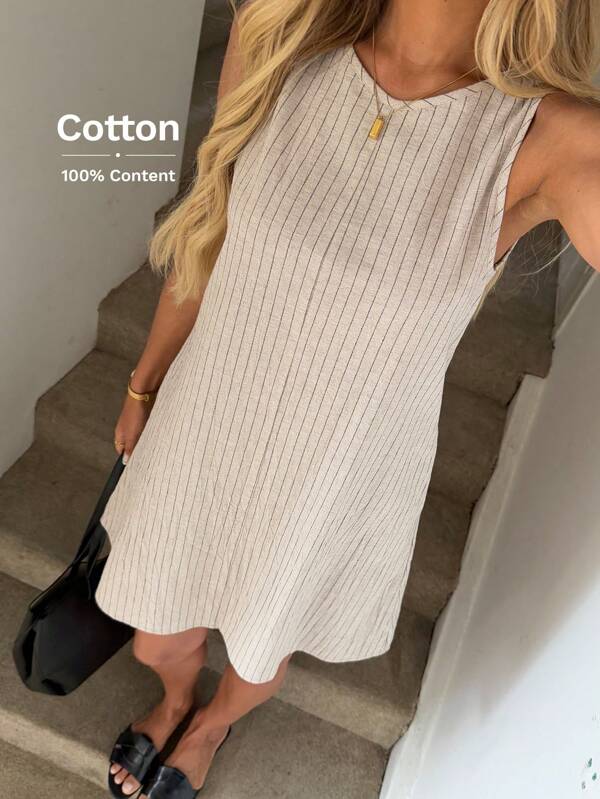 Easowa Lässiges ärmelloses A-Linien Mini-Kleid mit Rundhalsausschnitt und Taschen, elegant für Urlaubsausflüge und Ferien im Stil des alten Geldes