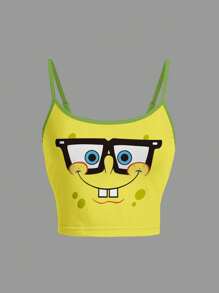 SpongeBob SquarePants | SHEIN 女士卡通图案撞色修身吊带背心黄色上衣适合外出