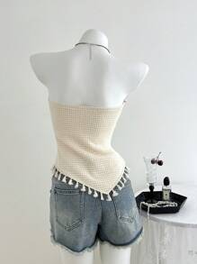 Elamini Top sin mangas con estilo de poncho y bajo con flecos en contraste, para primavera/verano