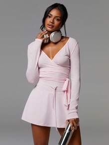 Athîral 1pc Women Solid Color Long Sleeve Slim Fit Casual Tie Front Blouse - Pink - View 1