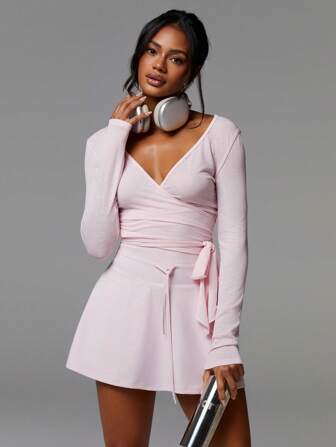 Athîral 1 件女式纯色长袖修身休闲系带衬衫