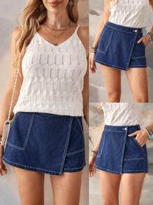 EMERY ROSE Shorts de falda vaquera de verano para mujer con bolsillo con abertura y pespunte de contraste - Azul lavado oscuro - Ver 3