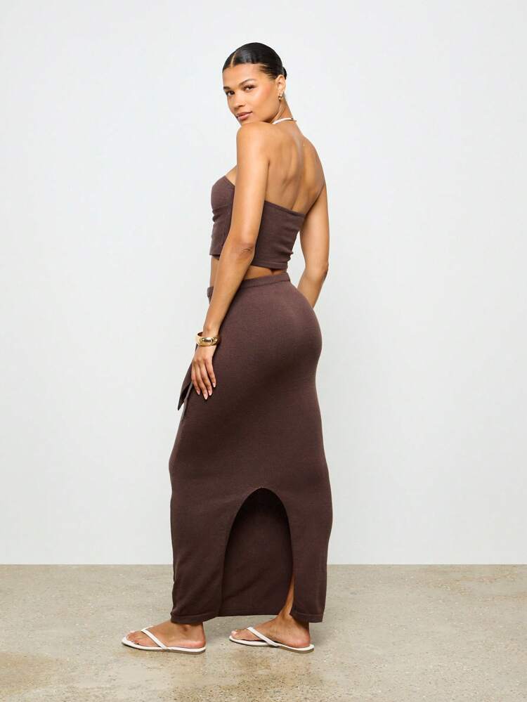 Knit Ribbed Bandeau Top Maxi Skirt Set With Side Split