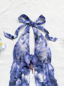 SHEIN x Eduarda Gutierrez Soleia 女士复古扎染花卉印花针织网眼露背系带装饰花背心和褶皱下摆迷你裙套装，适合派对、约会、下午茶、海滩、狂欢节、夏季 - 藍色 - 查看 4
