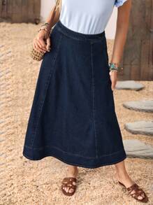 LanaWest 女式高腰休闲通勤插袋A字牛仔迷你裙 - 深色水洗藍 - 查看 6