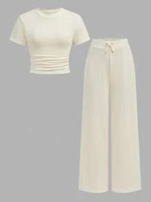 SHEIN Sparklyn 2pcs/Set Texture Fabric Teen Girl Standing Collar Short Sleeve T-Shirt + Casual Long Pants - Apricot - View 3