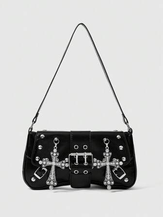 Grunge Punk Bolso de hombro para mujer, estilo gótico oscuro, con remaches, cruz con diamantes, de color negro, con personalidad, sencillo, versátil, de calle, dulce y fresco, para chicas geniales, chicas de la Y2K, con remaches