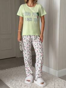 Conjunto de pijama de camiseta y pantalones de algodón con estampado de letras y cactus
