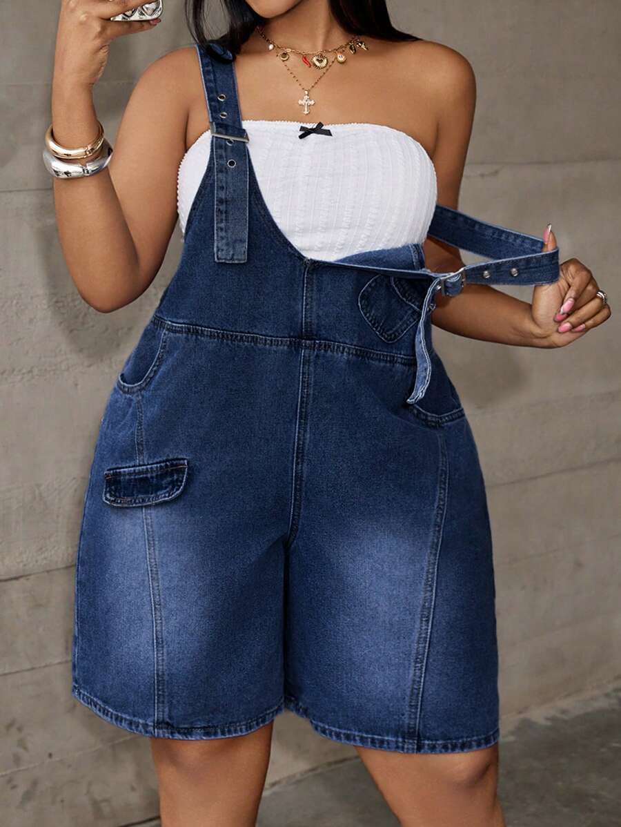 Dripcurv Plus Size Blue Denim Jumpsuit, Casual Fitted Bib Overall Shorts Valentine's Day Outfit