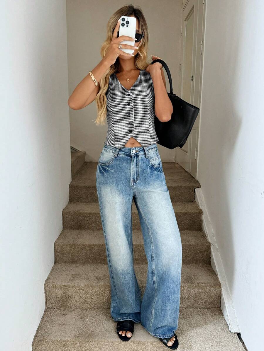 Easowa 女式秋季千鸟格印花背心式衬衫