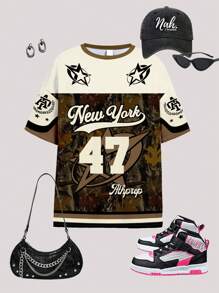 Vintage Sports Style Numeric 47 & Camo Print Casual Oversized Knit T-Shirt, Teen Girls Summer Cool Wear Collection, Bikercore