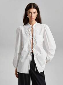 Ontre Áo cánh thanh lịch tay dài thắt nơ phía trước ngày lễ tình nhân màu trắng mới 2025 cho nữ mùa xuân - trắng - Xem 2