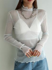 DAZY Top transparente con cuello de tortuga, recorte de lechuga y sin sujetador