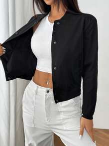INAWLY Women's Solid Color Long Sleeve Loose Casual Baseball Jacket, Spring Autumn - Black - View 4