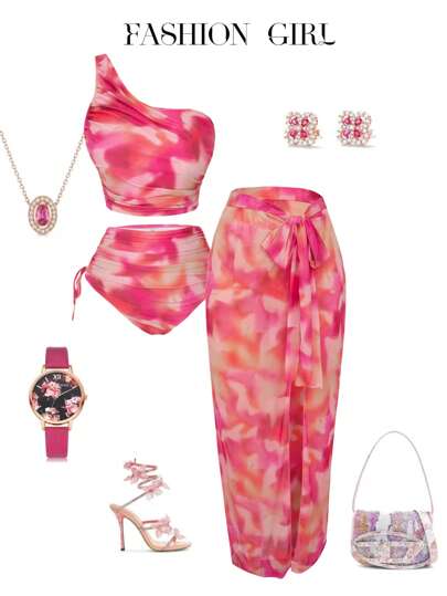 Swim Oasis Plus Size Women's 3-Piece Pink Asymmetrical Shoulder Fashion Elegant Beach Vacation Floral Print Bikini Set With Sarong Beach Outfit For Summer, For Going Out