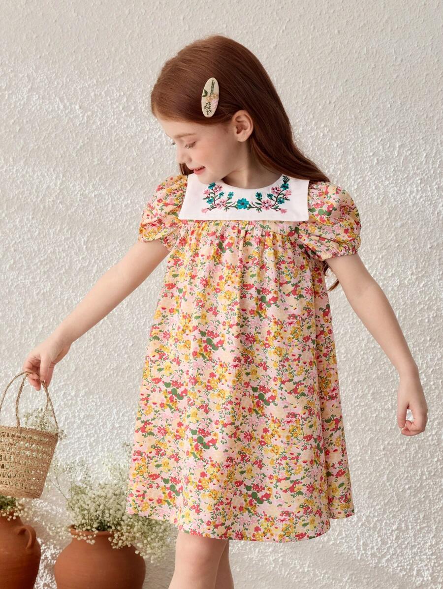Blossori Vestido de cuello cuadrado con mangas abullonadas, con bloque de color y bordado floral para niñas en vacaciones en el campo - Multicolor - Ver 1