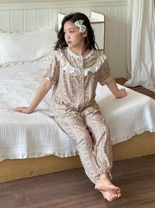 DAZY Girls Summer Casual Homewear Set, Round Neck Short Sleeve Top & Long Pants, Tween Girl Fall Clothes - Khaki - View 5