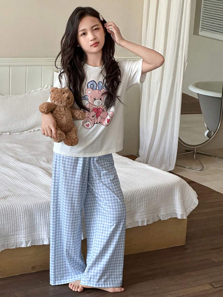 Dazy Kids Conjunto de 2 piezas de pantalón holgado a cuadros de manga corta y estampado de oso para niñas, pijama de verano para niñas preadolescentes - Blanco - Ver 1