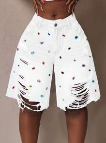 Slaydiva 女式夏季时尚水钻装饰做旧牛仔短裤