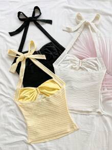 Soleia 3 件套女士无袖 V 领花朵金属扣针织工字背心，白色、黑色、黄色，适合度假、音乐节、波西米亚风、节日、约会下午茶 - 彩色 - 查看 2