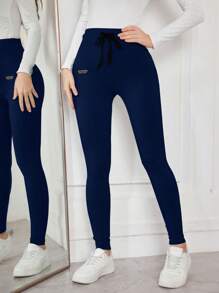 Modelyn 纯色抽绳紧身舒适弹力紧身裤 - 藏蓝色 - 查看 6