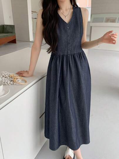 DAZY 女士夏季V领无袖长款休闲牛仔连衣裙