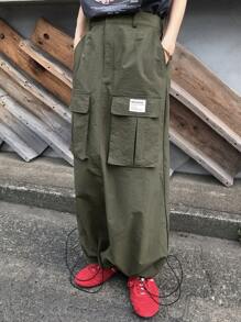 FRIFUL Women's Green Elastic Waist Big Pockets Slit Hem Drawstring Utility Skirt, Casual Vacation & Airport