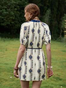 Florisole Vestido curto casual slim com decote em V e amarração frontal estilo boêmio - Azul - Ver 2