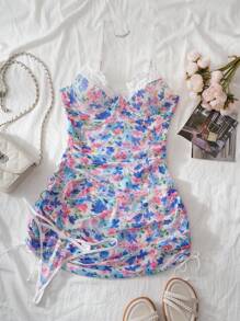 SHEIN Set de 2 piezas camisón con volantes y cordón de estilo campestre y tanga