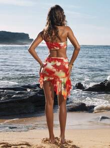 Opulessa Summer Beach Vacation Outfits Women's All-Over Print Hollow Out Ruffle Hem Sexy Sleeveless Mini Dress,Birthday Dresses For Women,Club Outfits Women Sexy