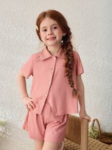 Blossori Conjunto de Camisa de Manga Curta com Gola de Tricô e Shorts para Meninas em Férias no Campo