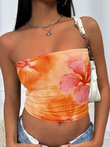 INAWLY Y2K Color Hibiscus Flowers Graphic Tube Top - Multicolor - View 1
