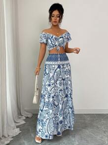 Elenzga 2 Pieces Set: Women's Print Cropped Shirt And Skirt