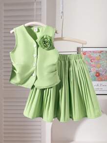 SHEIN 2pcs Young GirlFashion Commute Sleeveless Tank Top & Pleated Skirt Set, 3D Rose Decor, Suitable For Party & Daily Wear - Green - View 1