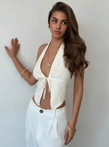 Aloruh Blusa de verano con estilo de vacaciones, cuello halter con espalda abierta y detalle de bordado y nudo delantero, para mujer, estilo boho tropical de playa y vacaciones - Albaricoque - Ver 6