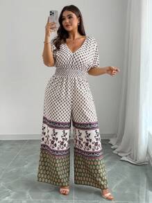 SHEIN Clasi Plus Size Women's Vacation Printed Patchwork Jumpsuit - Multicolor - View 1