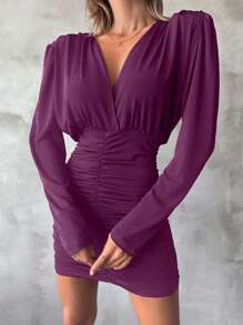 EURMUSE Solid Ruched Bodycon Dress - Burgundy - View 5