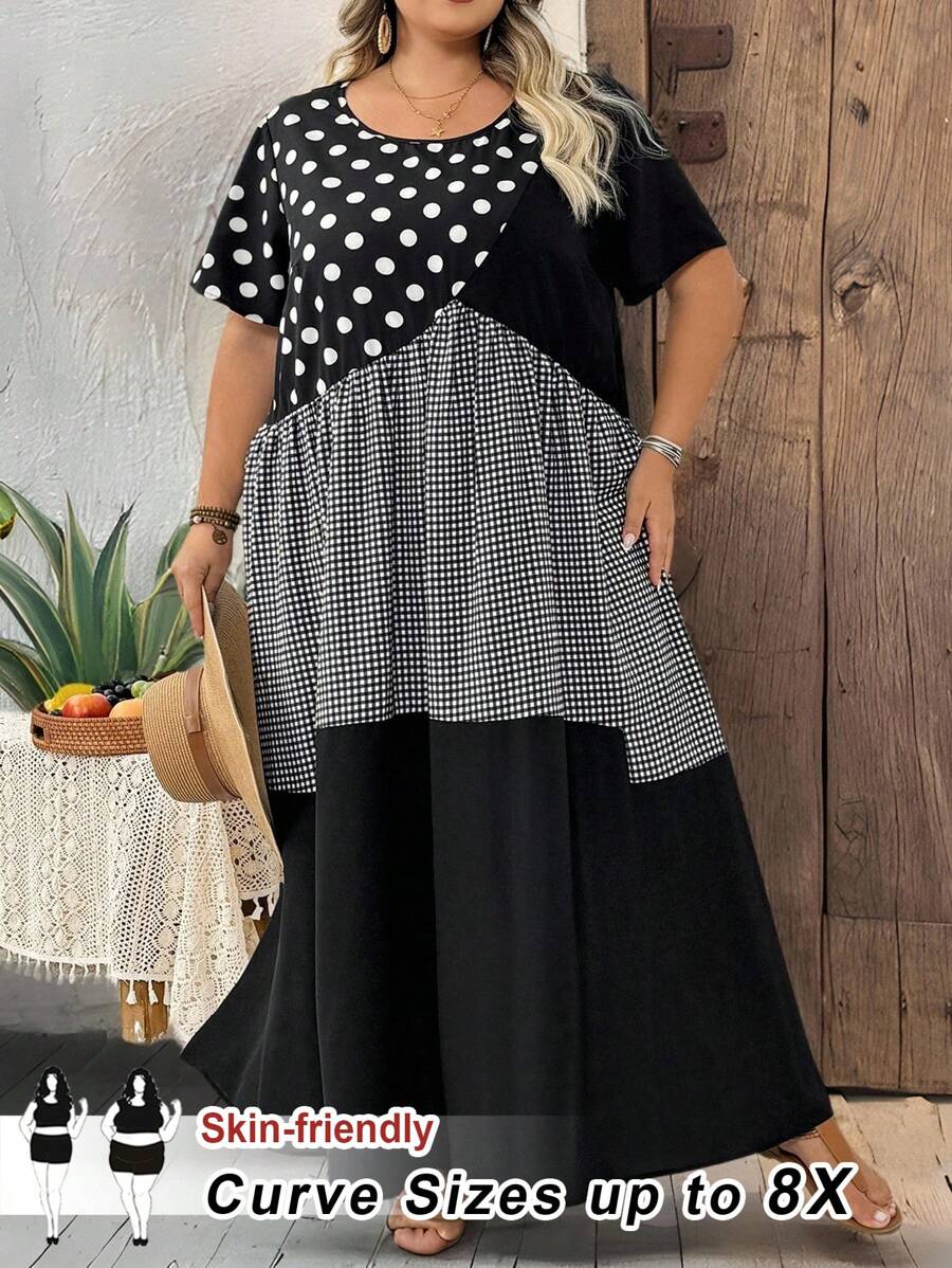 SHEIN CURVE+ 大码女式夏季波尔卡圆点和格子印花圆领宽松短袖连衣裙夏季/乡村/海滩度假装/沙滩装/沙滩装 - 黑與白 - 查看 1