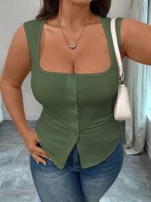Elenzga Top de punto sin mangas de cuello cuadrado de talla grande, top corto estilizador de verano con abertura