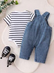 Newborn Baby Casual Striped Short Sleeve Tee + Cute Puppy Print Distressed Denim Bib Overalls 2-Piece Set - Black and White - View 2