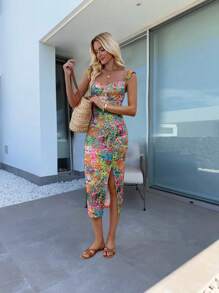 EMERY ROSE Women's Floral Print Split Midi Dress, Summer - Multicolor - View 4