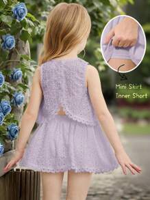 Emery Rose Kids Emery Rose Kids 年轻女孩编织刺绣纯色圆领不对称蕾丝下摆休闲上衣和迷你裙两件套，可爱优雅甜美复古时尚。妈妈和女儿和姐妹的搭配风格，度假、节日、学校日常穿着、家庭聚会和特殊场合，春夏。